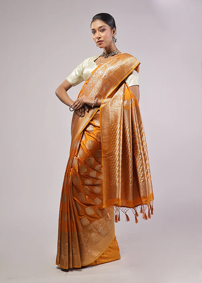 Yellow Dupion Silk Saree With Blouse Piece - Image 4