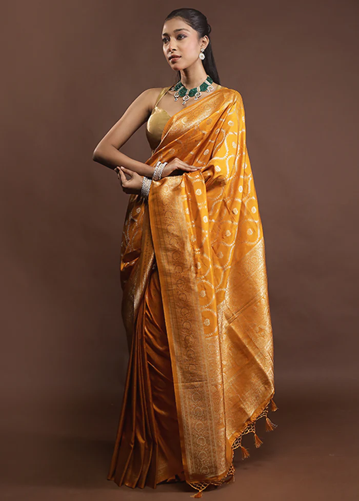 Yellow Dupion Silk Saree With Blouse Piece - Image 4