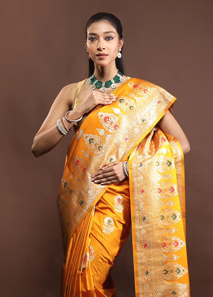 Yellow Dupion Silk Saree With Blouse Piece