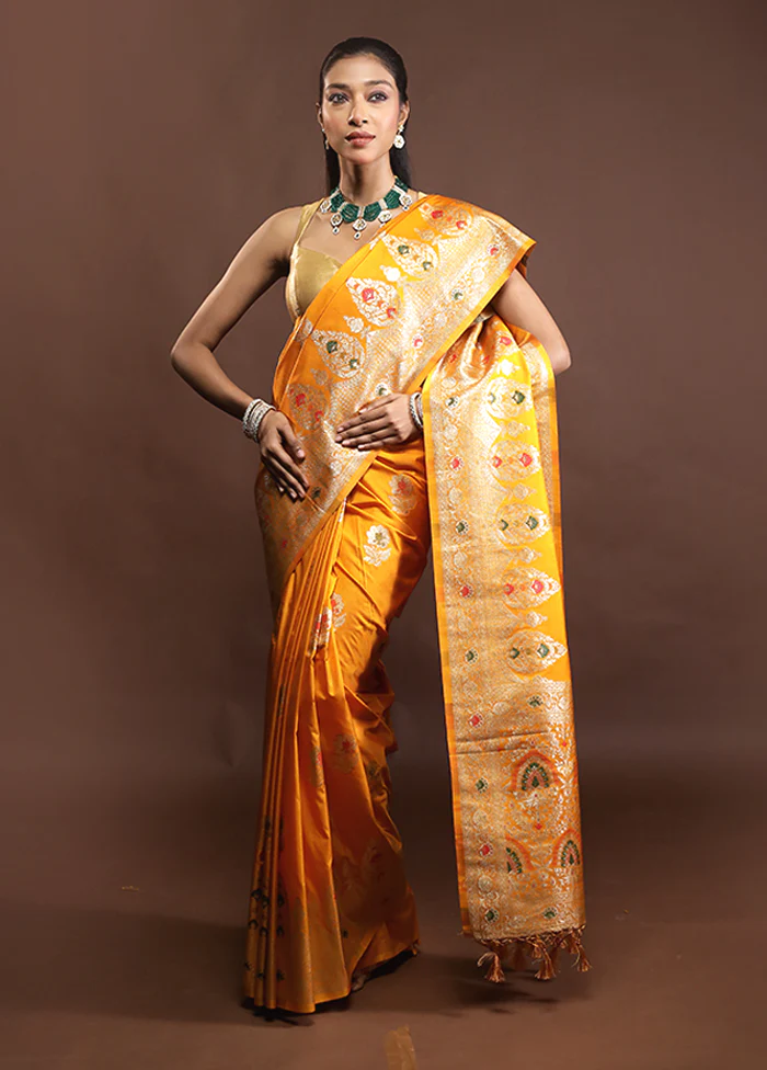 Yellow Dupion Silk Saree With Blouse Piece - Image 2