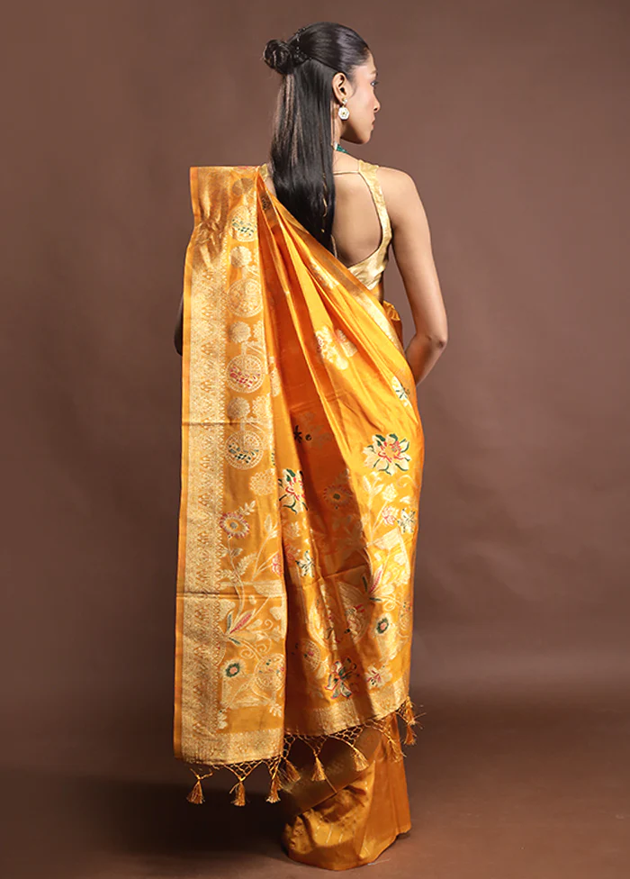 Yellow Dupion Silk Saree With Blouse Piece - Image 3