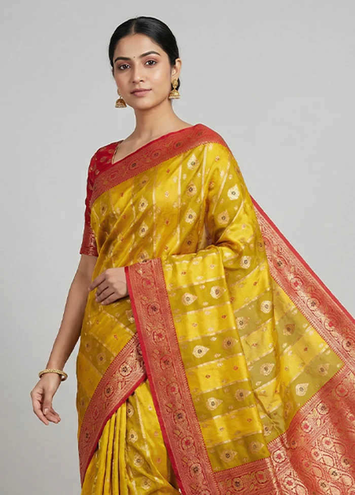 Yellow Dupion Silk Saree With Blouse Piece - Image 2