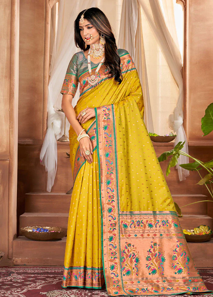 Yellow Dupion Silk Saree With Blouse Piece