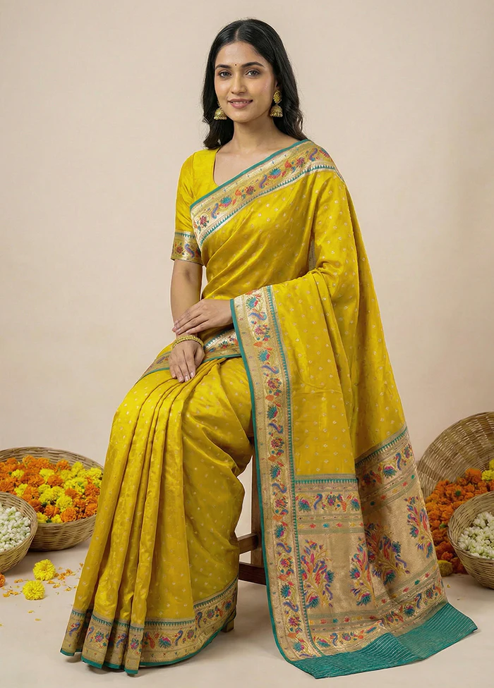 Yellow Dupion Silk Saree With Blouse Piece - Image 3