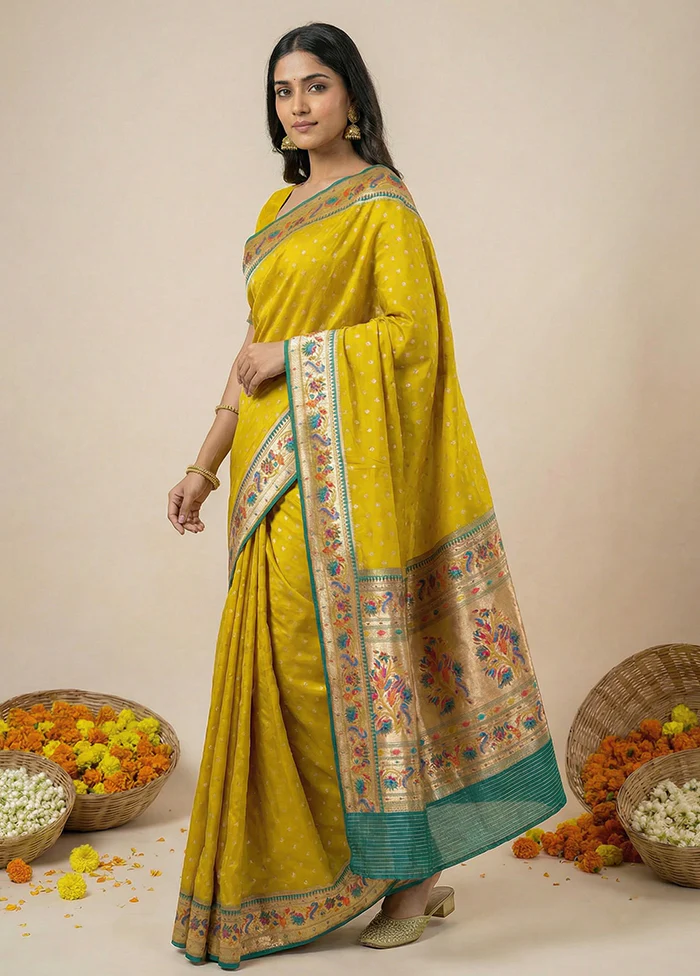 Yellow Dupion Silk Saree With Blouse Piece - Image 4