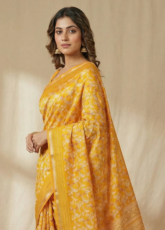 Yellow Dupion Silk Saree With Blouse Piece - Image 2
