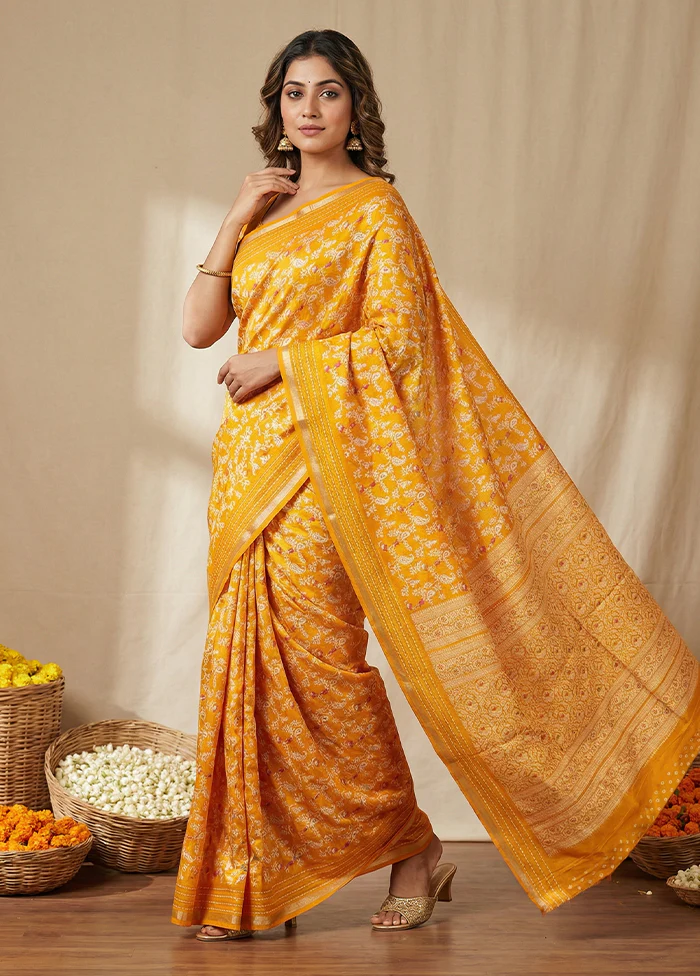 Yellow Dupion Silk Saree With Blouse Piece - Image 4