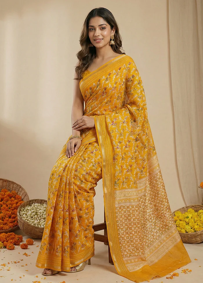 Yellow Dupion Silk Saree With Blouse Piece - Image 3