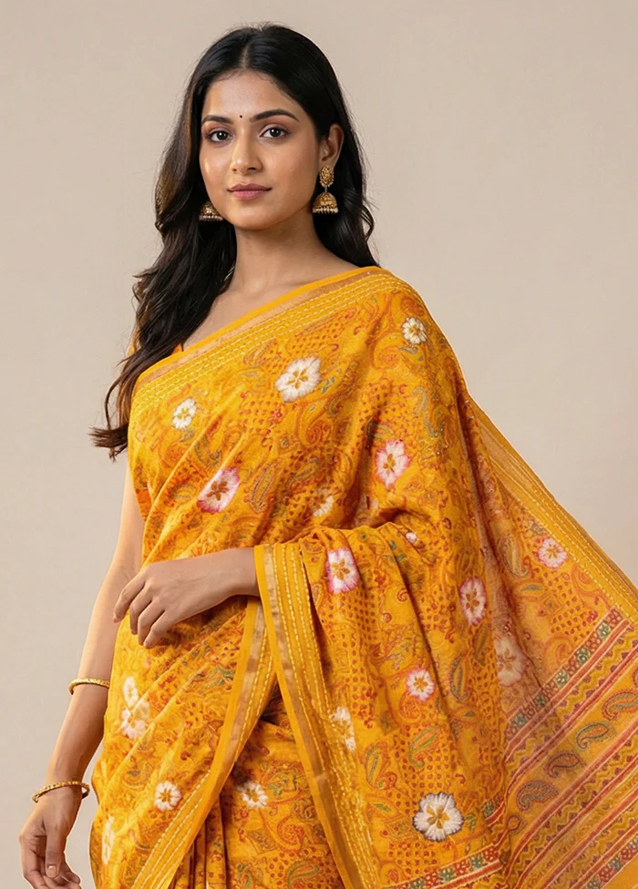 Yellow Dupion Silk Saree With Blouse Piece - Image 2