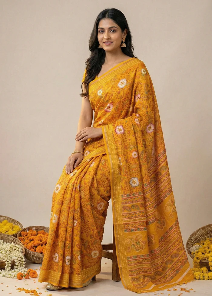 Yellow Dupion Silk Saree With Blouse Piece - Image 3