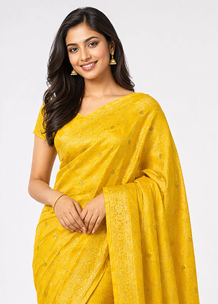 Yellow Dupion Silk Saree With Blouse Piece - Image 2