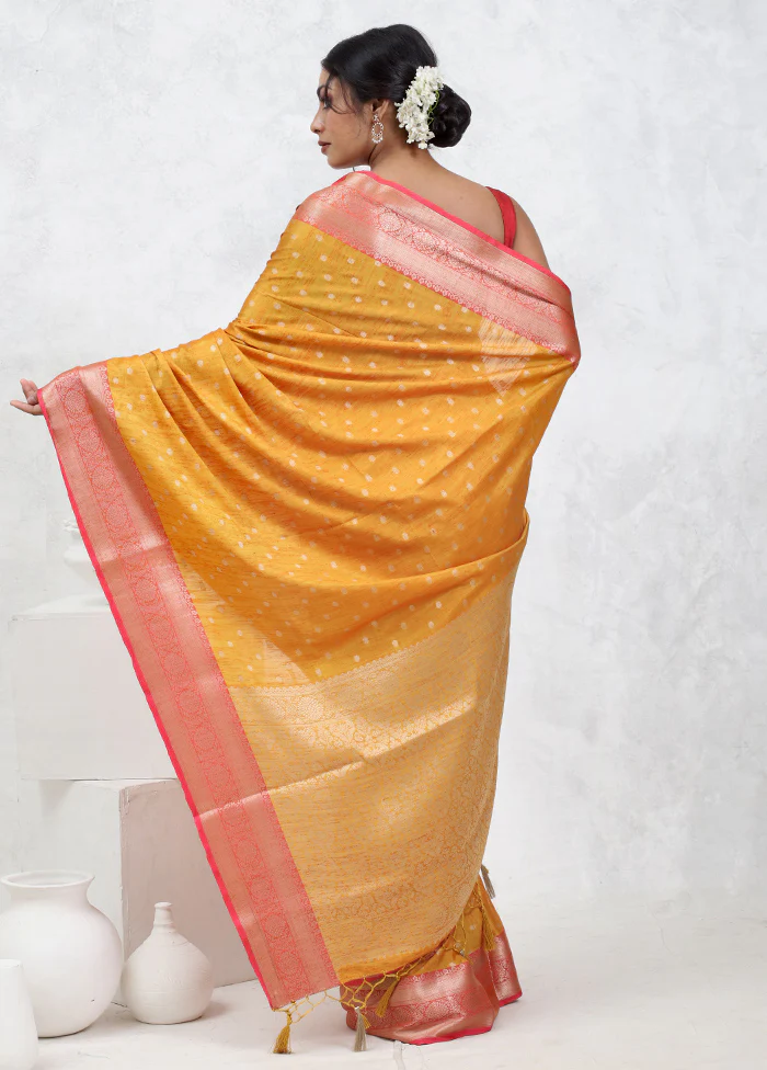 Yellow Dupion Silk Saree With Blouse Piece - Image 3