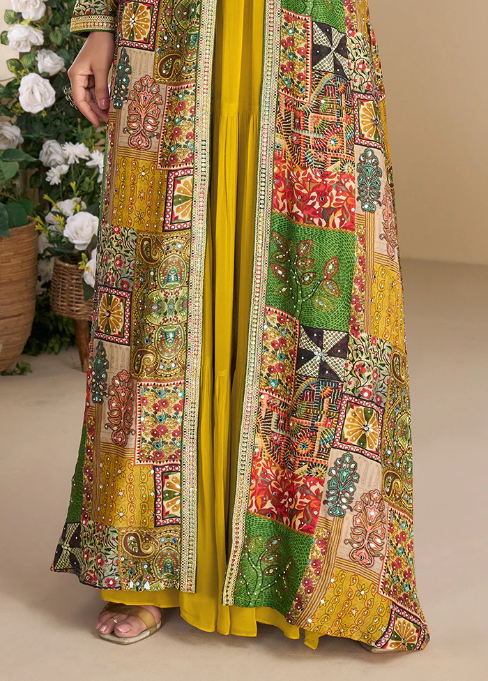 Yellow Embroidery Work Georgette Gown With Shrug Set - Image 3