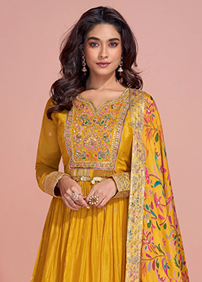 Yellow Embroidery Work Silk Anarkali Suits - Image 2