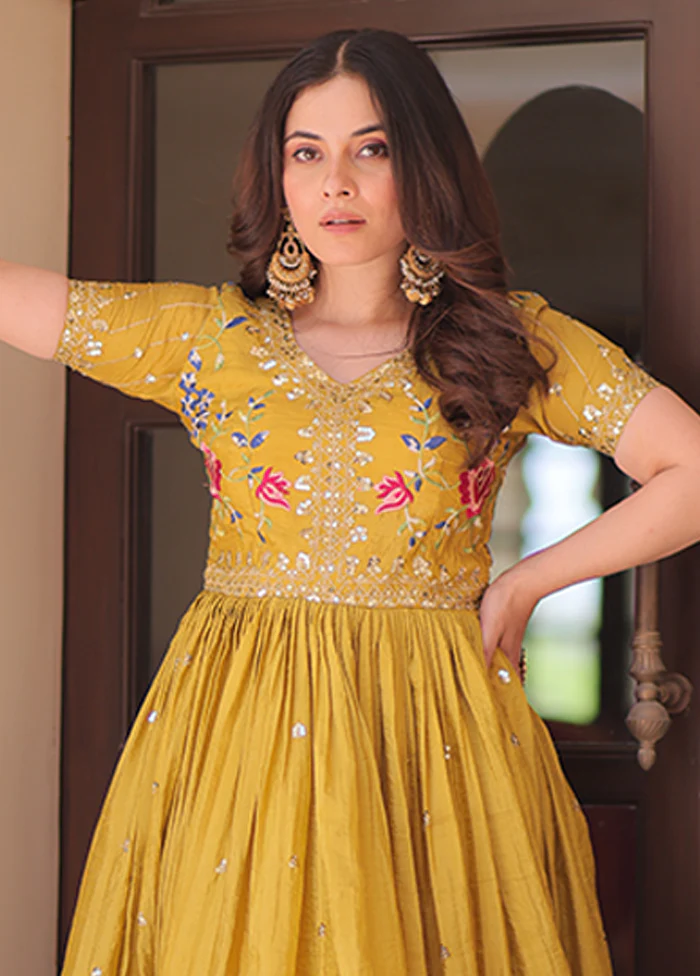 Yellow Embroidery Work Silk Gown - Image 2