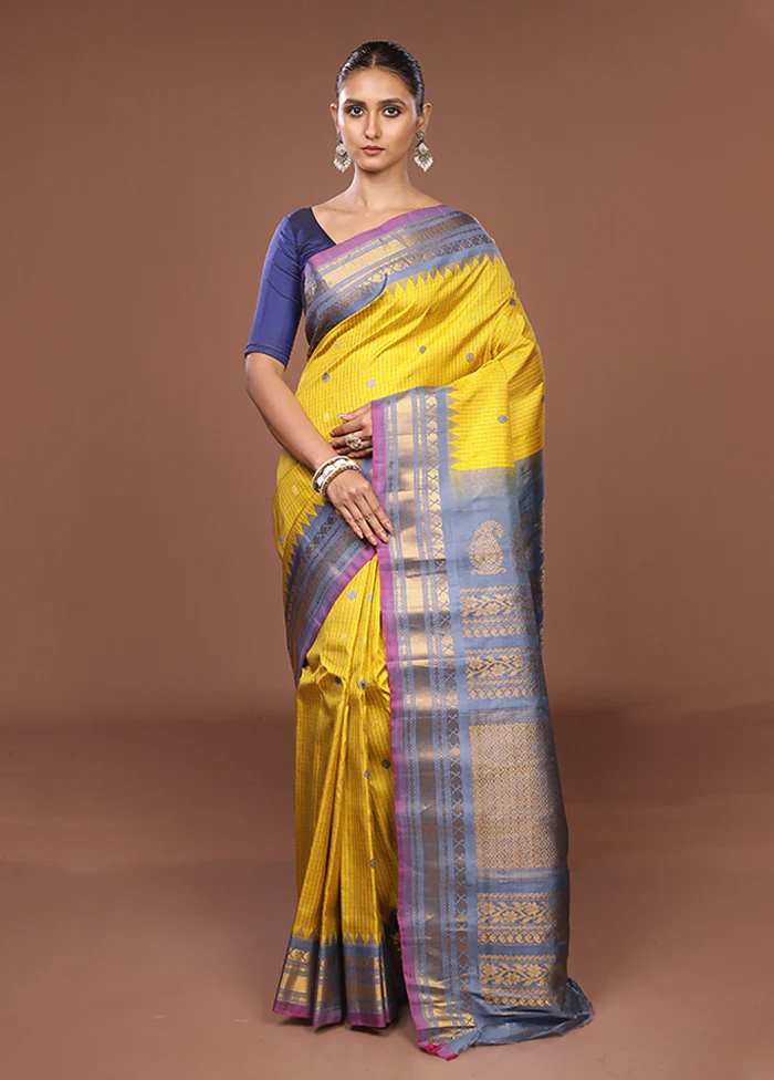 Yellow Gadwal Pure Silk Saree Without Blouse Piece - Image 2