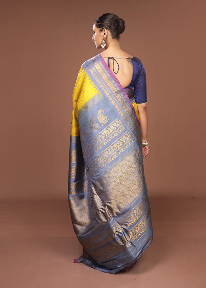 Yellow Gadwal Pure Silk Saree Without Blouse Piece - Image 3