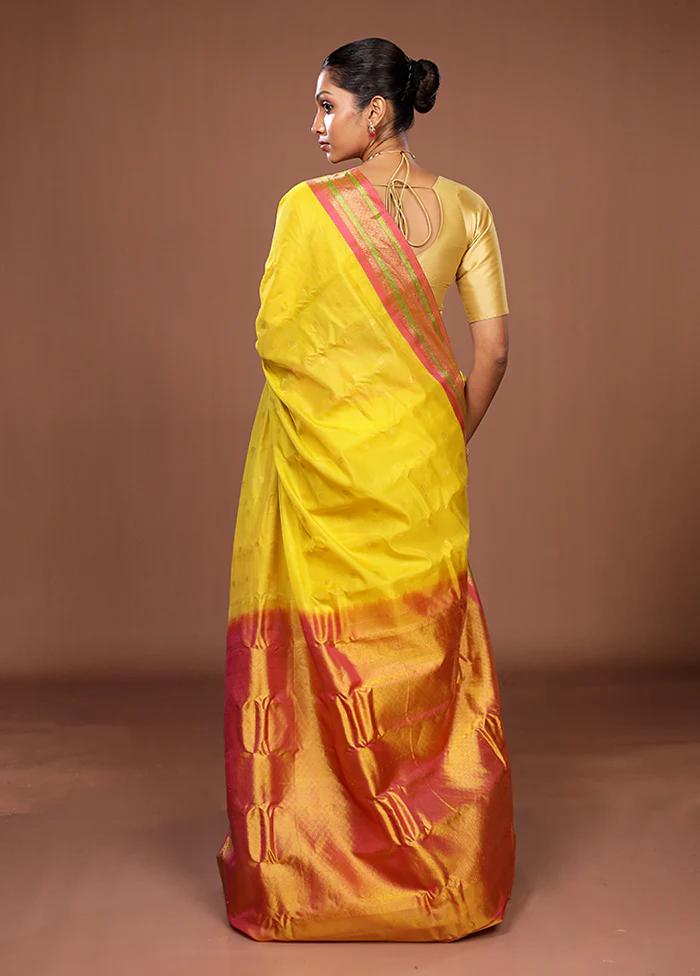Yellow Gadwal Pure Silk Saree Without Blouse Piece - Image 3