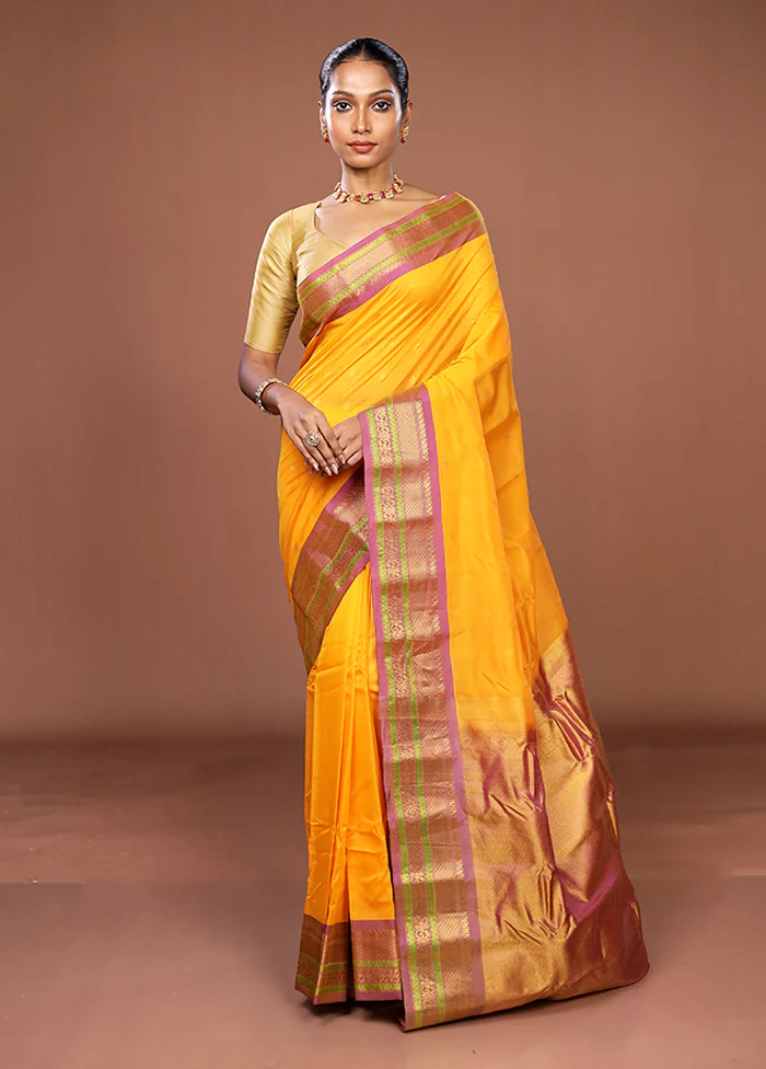 Yellow Gadwal Pure Silk Saree Without Blouse Piece - Image 2