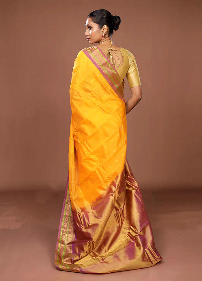 Yellow Gadwal Pure Silk Saree Without Blouse Piece - Image 3