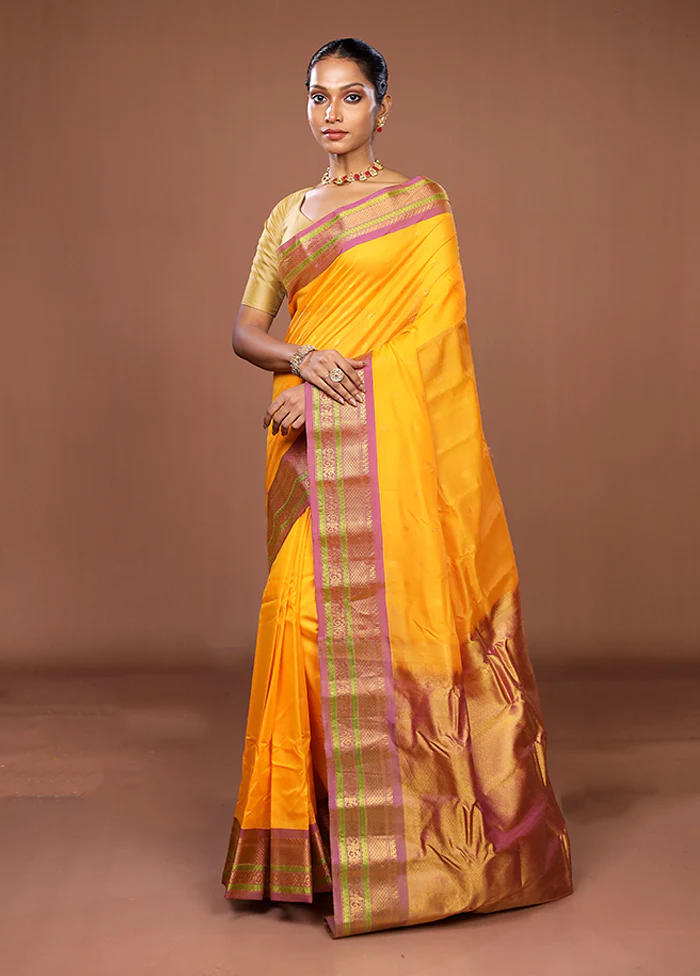 Yellow Gadwal Pure Silk Saree Without Blouse Piece - Image 4