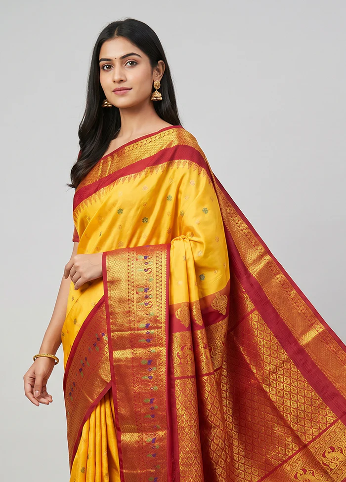 Yellow Gadwal Silk Saree Without Blouse Piece - Image 2