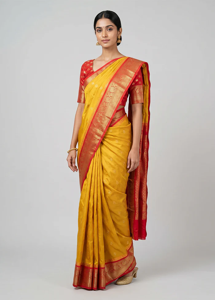 Yellow Gadwal Silk Saree Without Blouse Piece