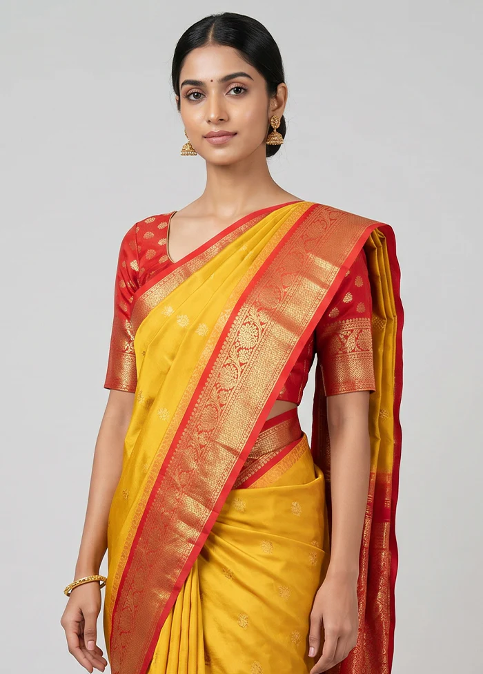 Yellow Gadwal Silk Saree Without Blouse Piece - Image 2