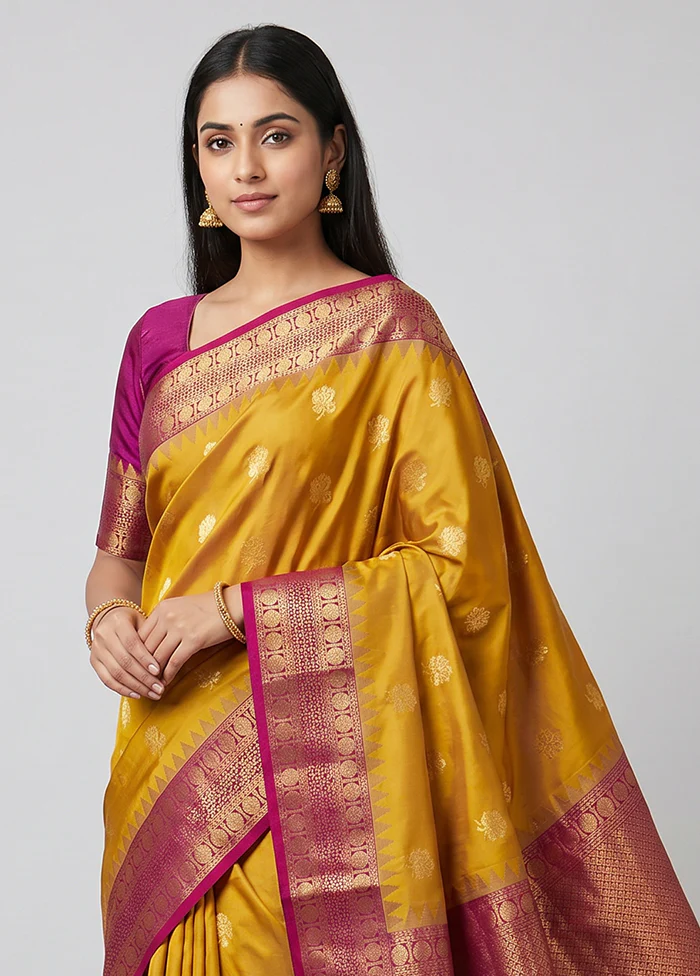 Yellow Gadwal Silk Saree Without Blouse Piece - Image 2