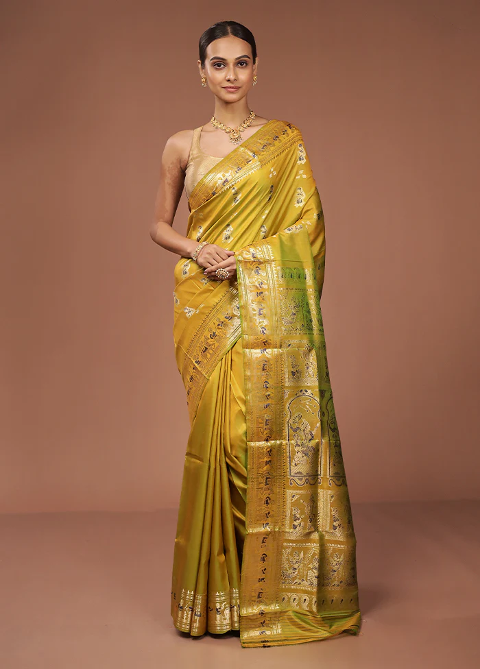 Yellow Handloom Baluchari Pure Silk Saree With Blouse Piece - Image 2