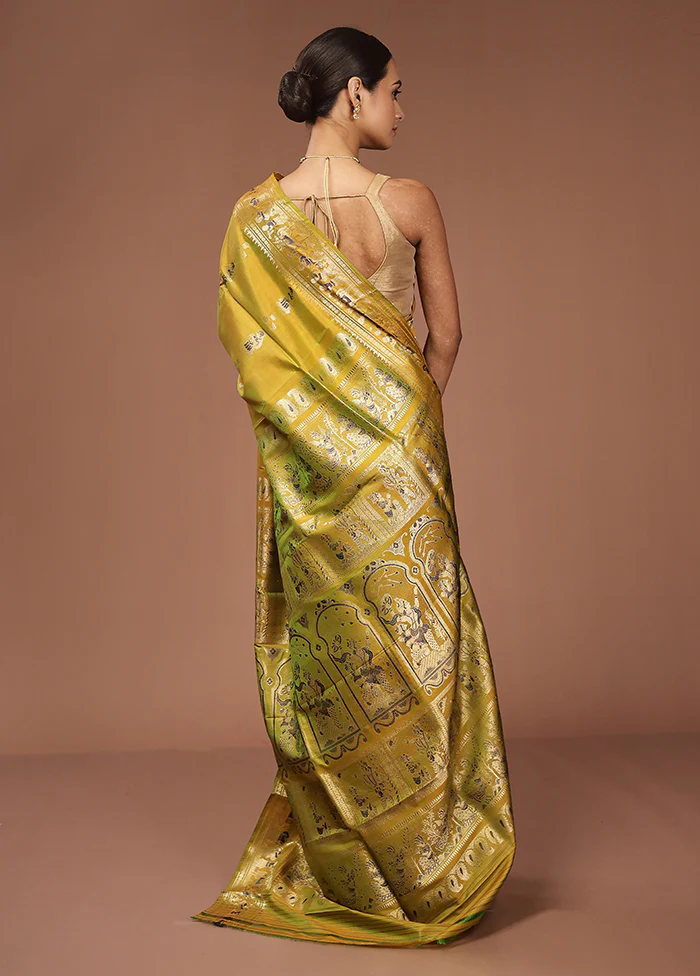 Yellow Handloom Baluchari Pure Silk Saree With Blouse Piece - Image 3
