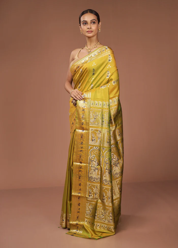 Yellow Handloom Baluchari Pure Silk Saree With Blouse Piece - Image 4