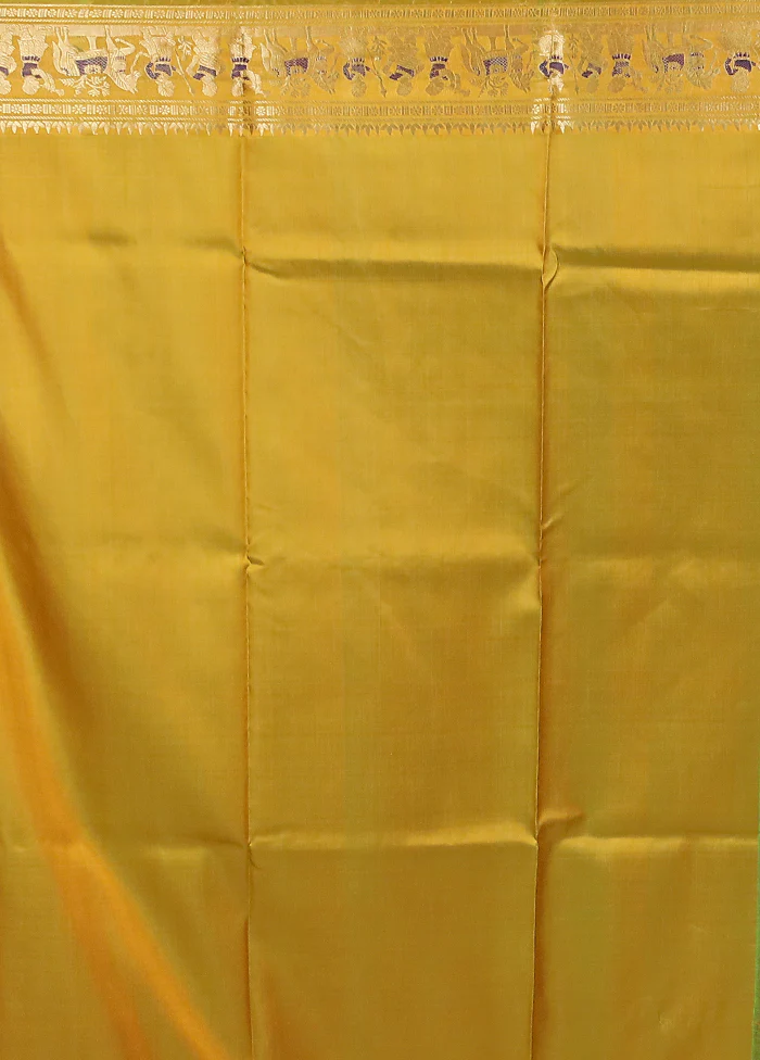 Yellow Handloom Baluchari Pure Silk Saree With Blouse Piece - Image 5
