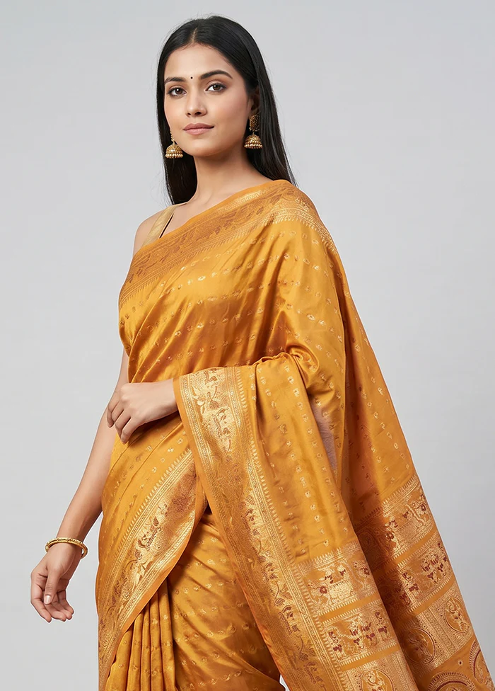 Yellow Handloom Baluchari Pure Silk Saree With Blouse Piece - Image 2