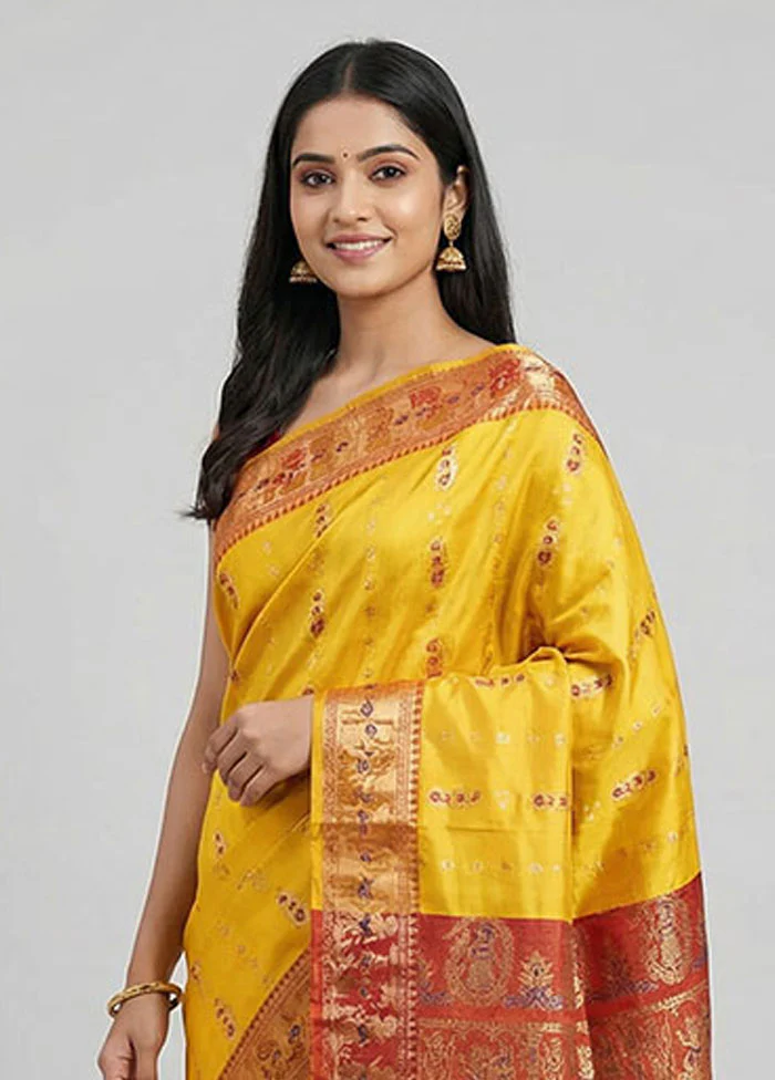 Yellow Handloom Baluchari Pure Silk Saree With Blouse Piece - Image 2