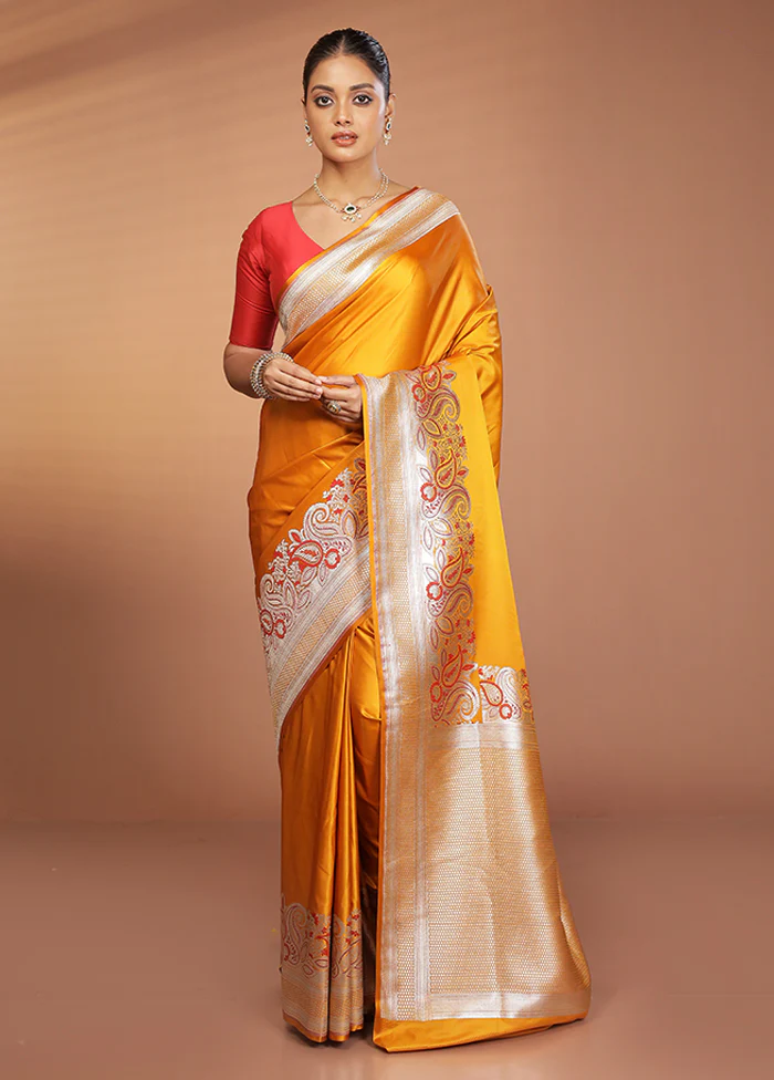 Yellow Handloom Banarasi Pure Silk Saree With Blouse Piece - Image 2