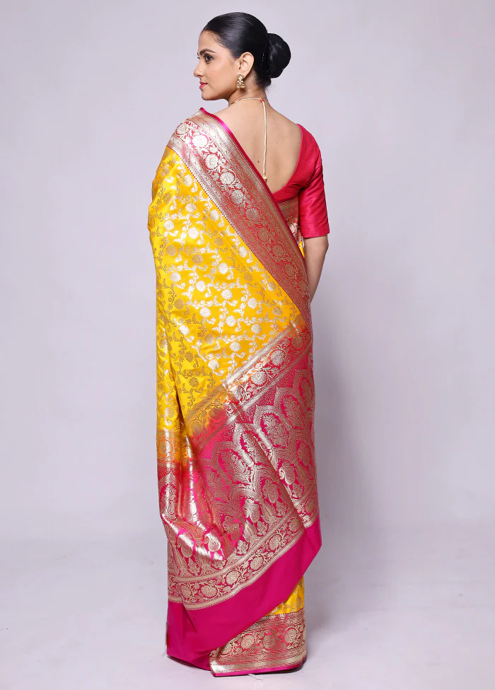 Yellow Handloom Banarasi Pure Silk Saree With Blouse Piece - Image 3