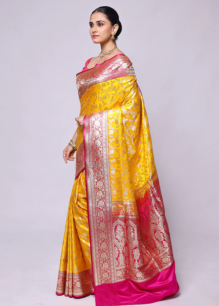 Yellow Handloom Banarasi Pure Silk Saree With Blouse Piece - Image 4
