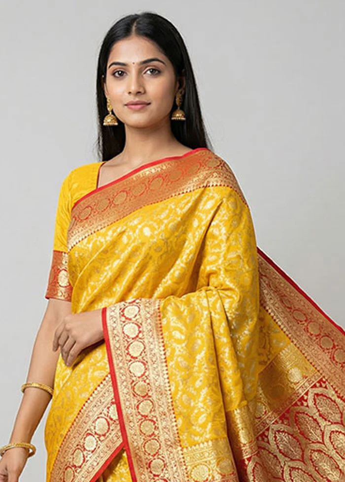 Yellow Handloom Banarasi Pure Silk Saree With Blouse Piece - Image 2