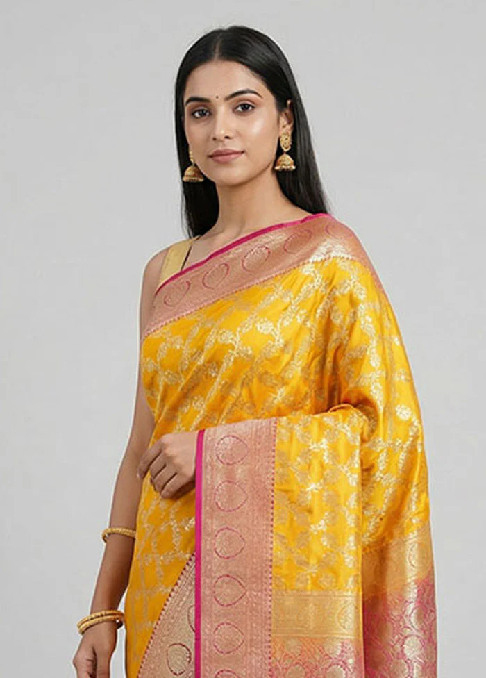 Yellow Handloom Banarasi Pure Silk Saree With Blouse Piece - Image 2
