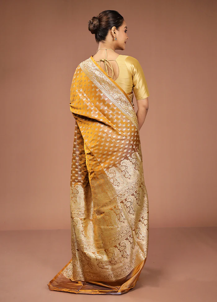 Yellow Handloom Banarasi Pure Silk Saree With Blouse Piece - Image 3