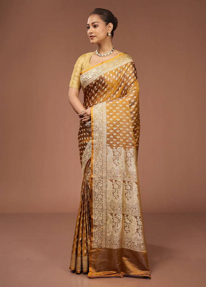 Yellow Handloom Banarasi Pure Silk Saree With Blouse Piece - Image 4