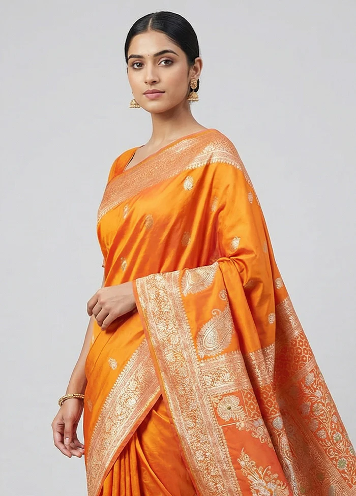 Yellow Handloom Banarasi Pure Silk Saree With Blouse Piece - Image 2
