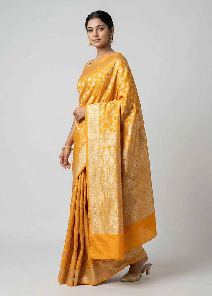 Yellow Handloom Banarasi Pure Silk Saree With Blouse Piece