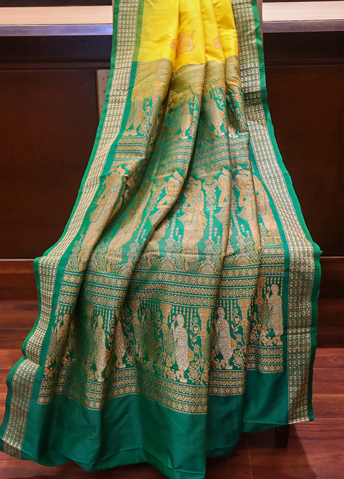 Yellow Handloom Bomkai Pure Silk Saree With Blouse Piece - Image 3