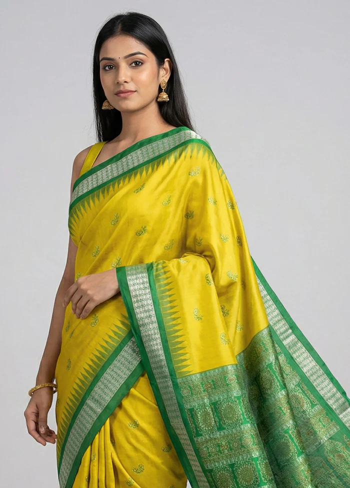 Yellow Handloom Bomkai Pure Silk Saree With Blouse Piece - Image 2