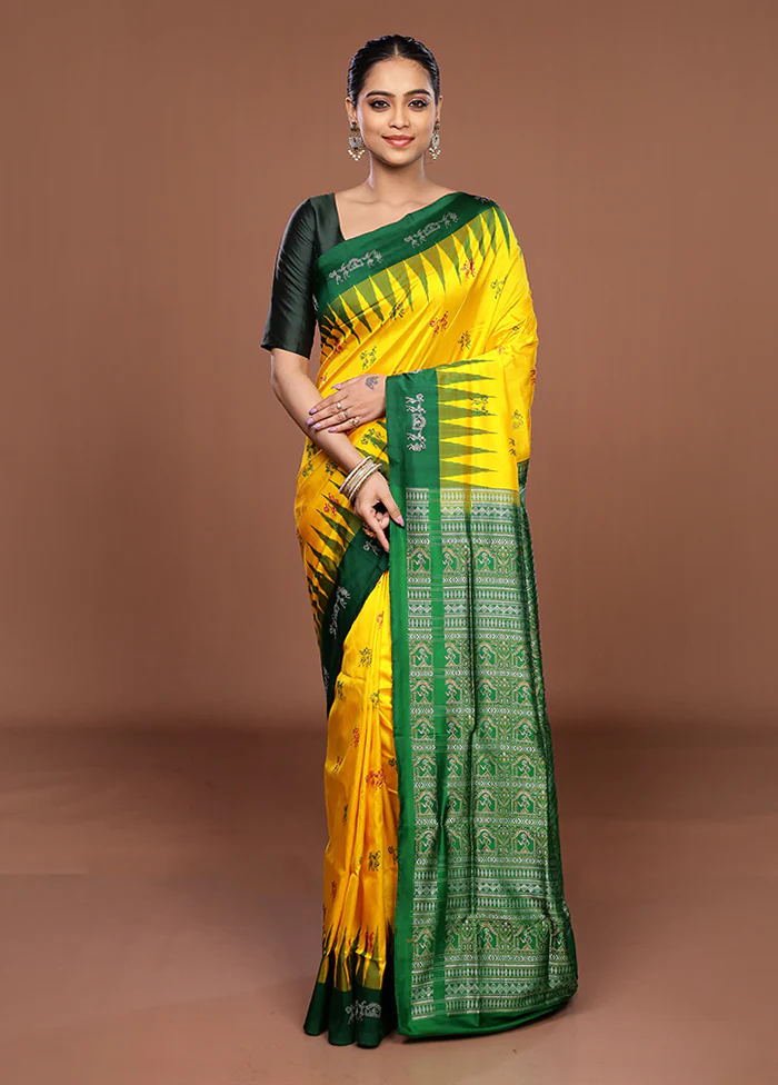 Yellow Handloom Bomkai Pure Silk Saree With Blouse Piece - Image 2