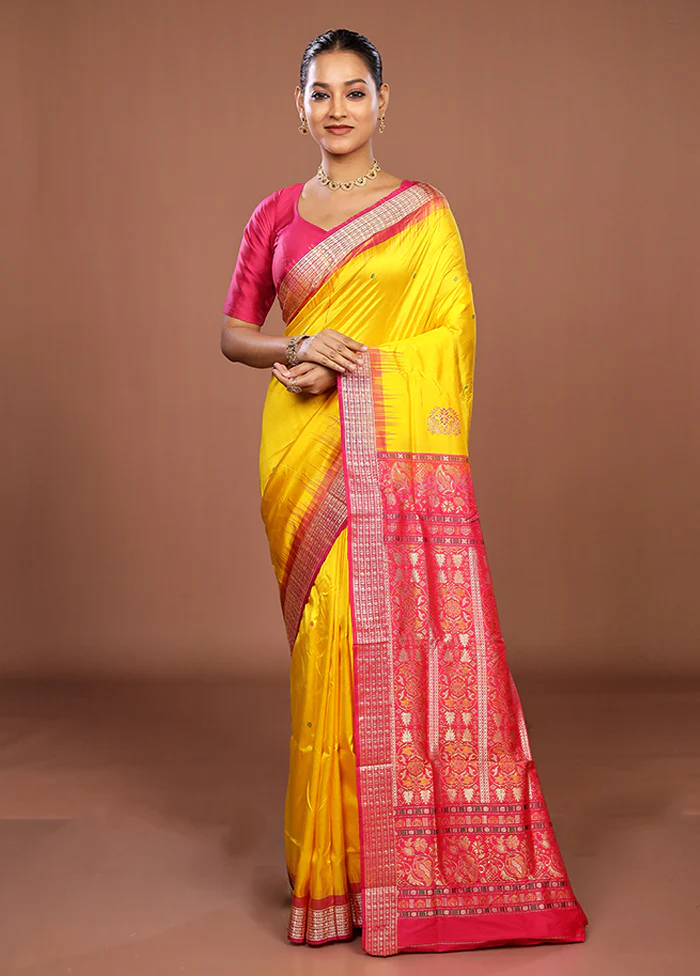 Yellow Handloom Bomkai Pure Silk Saree With Blouse Piece - Image 2
