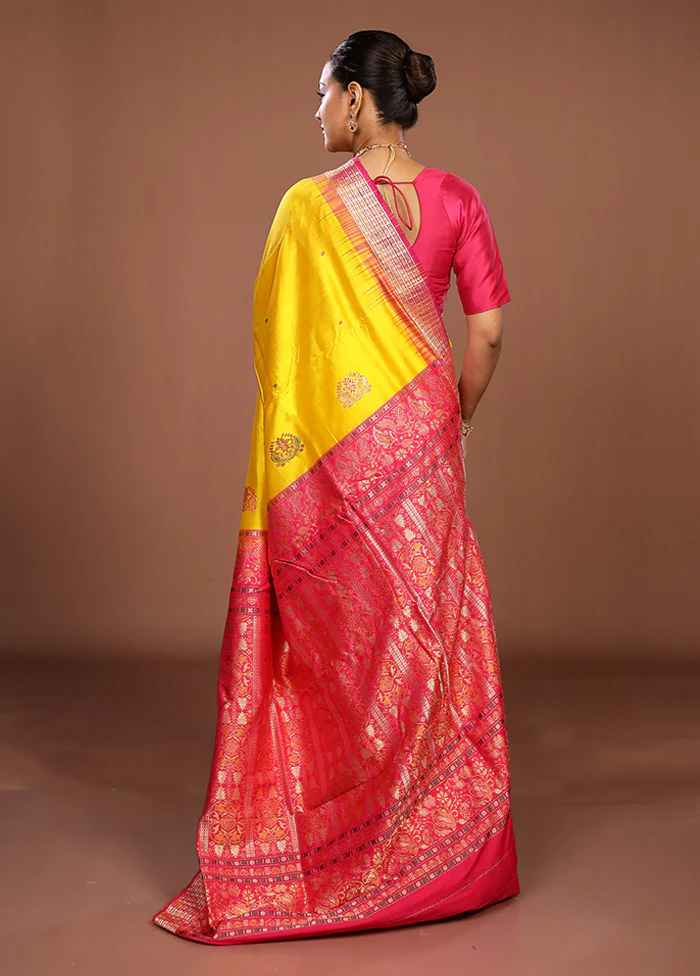 Yellow Handloom Bomkai Pure Silk Saree With Blouse Piece - Image 3