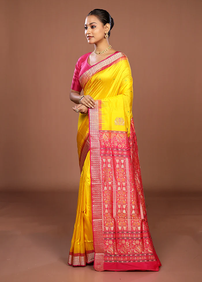 Yellow Handloom Bomkai Pure Silk Saree With Blouse Piece - Image 4